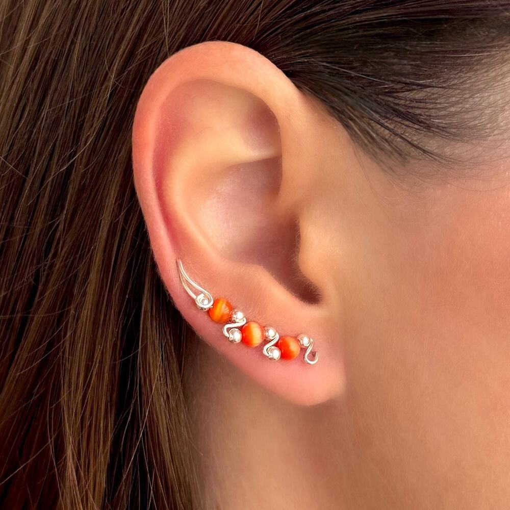 Orange Cat's Eye Ear Climber Earrings, Sterling Silver Gemstone Ear Crawlers